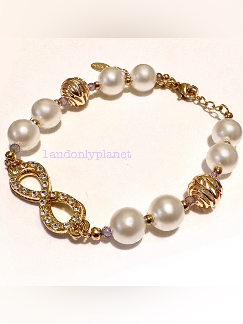 Natural Stone & Pearl Infinity Bracelet w/ Zebra Gold Beads | Gift for Her - Picture 5 of 5